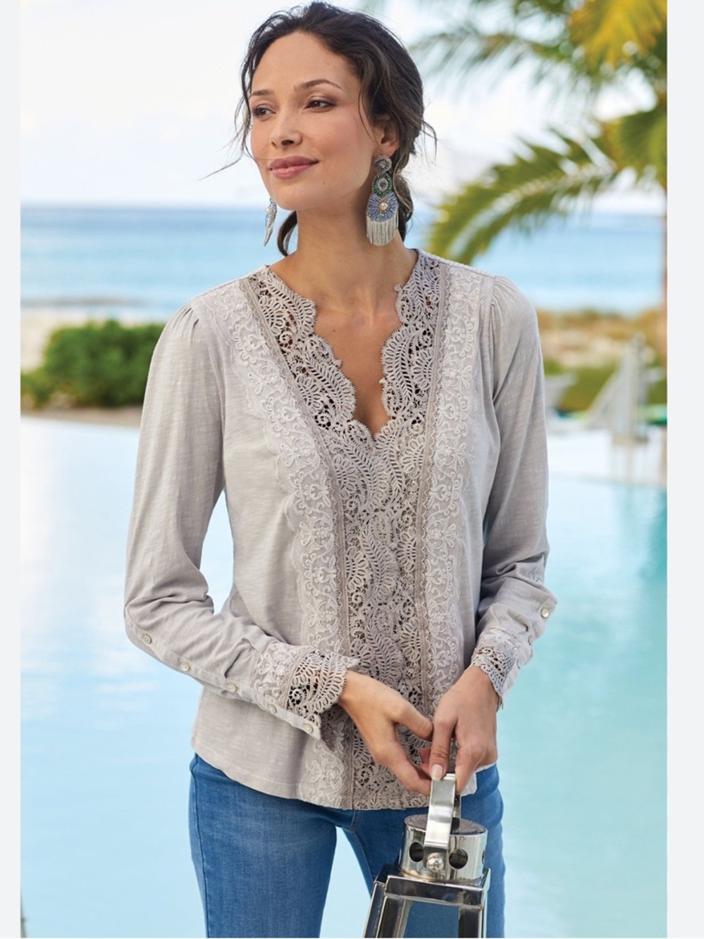 Soft Surroundings taupe lace long-sleeve blouse M